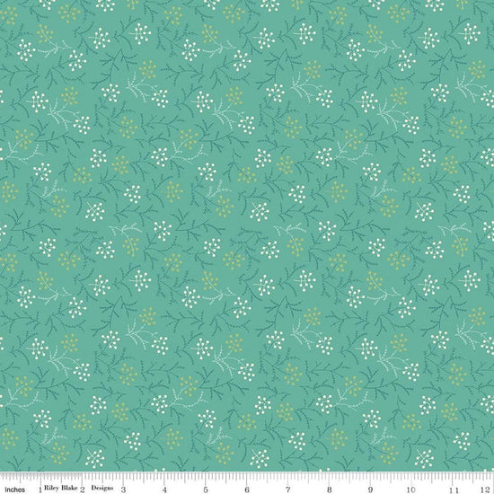 Image of Baked With Love Harvest Sea Glass quilting cotton fabric by Lori Holt for Riley Blake Designs. Features flowers on a blue background. Cute Little Fabric Shop.