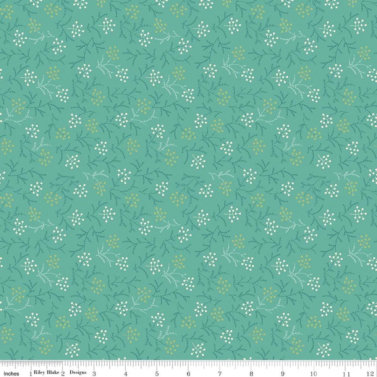 Image of Baked With Love Harvest Sea Glass quilting cotton fabric by Lori Holt for Riley Blake Designs. Features flowers on a blue background. Cute Little Fabric Shop.