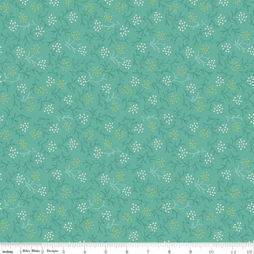 Image of Baked With Love Harvest Sea Glass quilting cotton fabric by Lori Holt for Riley Blake Designs. Features flowers on a blue background. Cute Little Fabric Shop.