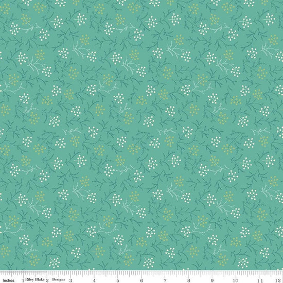 Image of Baked With Love Harvest Sea Glass quilting cotton fabric by Lori Holt for Riley Blake Designs. Features flowers on a blue background. Cute Little Fabric Shop.