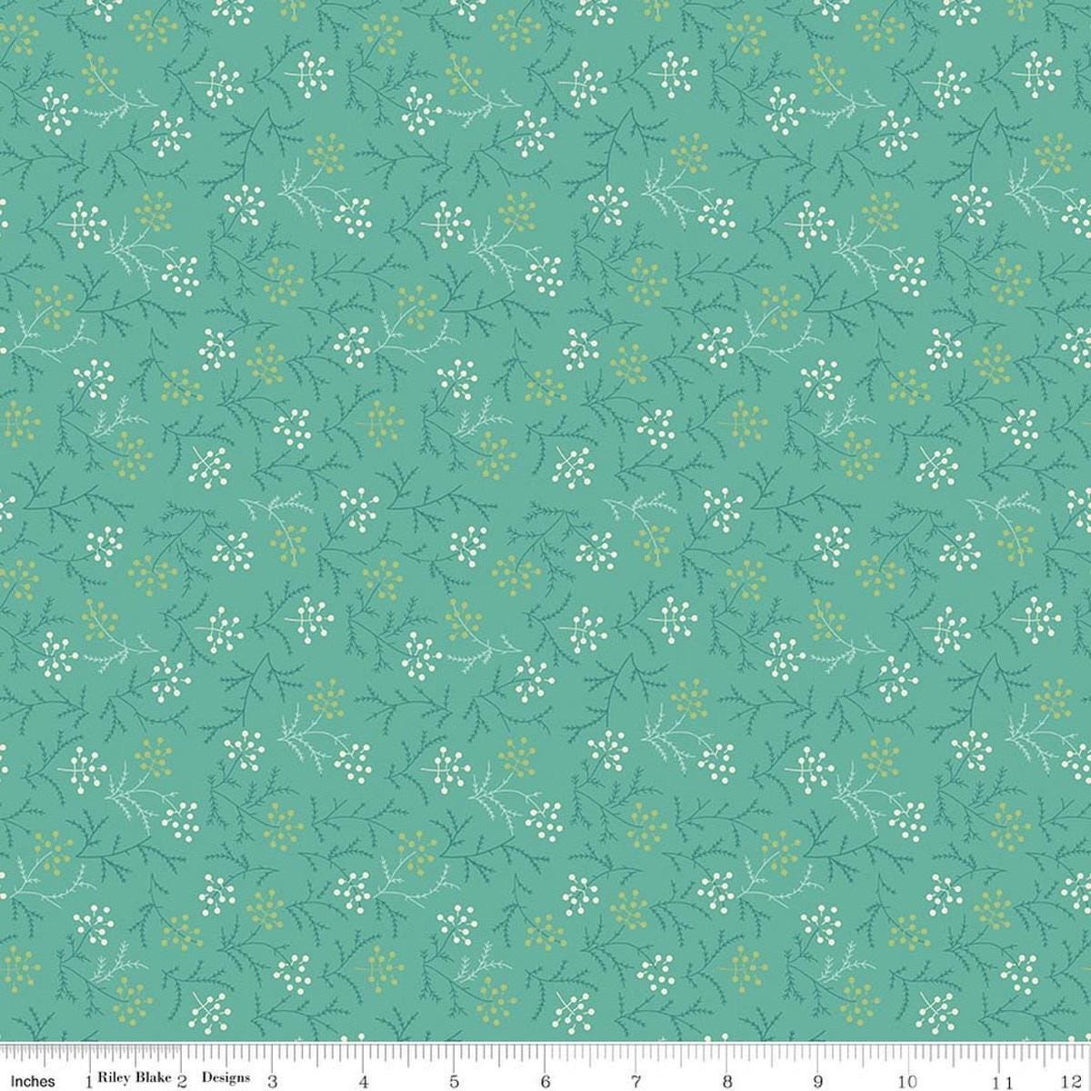 Image of Baked With Love Harvest Sea Glass quilting cotton fabric by Lori Holt for Riley Blake Designs. Features flowers on a blue background. Cute Little Fabric Shop.