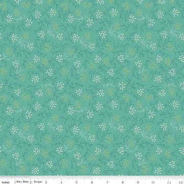 Image of Baked With Love Harvest Sea Glass quilting cotton fabric by Lori Holt for Riley Blake Designs. Features flowers on a blue background. Cute Little Fabric Shop.