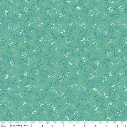 Image of Baked With Love Harvest Sea Glass quilting cotton fabric by Lori Holt for Riley Blake Designs. Features flowers on a blue background. Cute Little Fabric Shop.