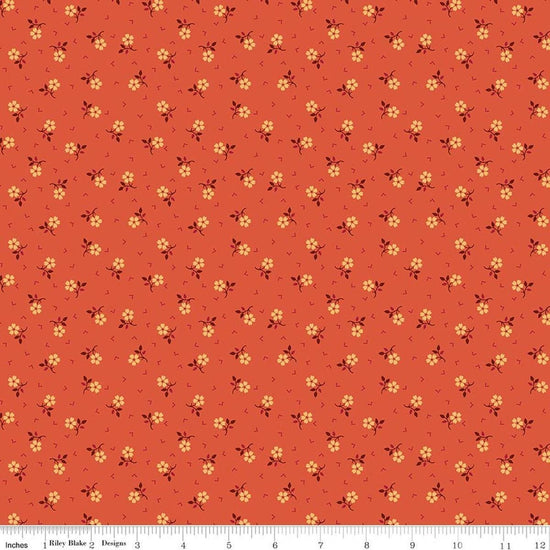 Image of Baked With Love Thankful Autumn quilting cotton fabric by Lori Holt for Riley Blake Designs. Features flowers on an orange background. Cute Little Fabric Shop.