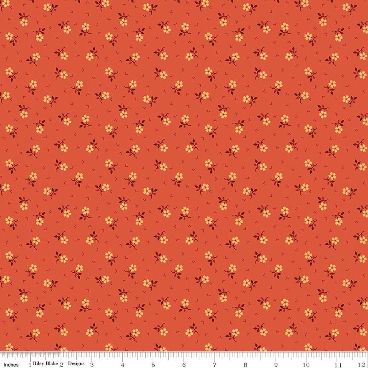 Image of Baked With Love Thankful Autumn quilting cotton fabric by Lori Holt for Riley Blake Designs. Features flowers on an orange background. Cute Little Fabric Shop.