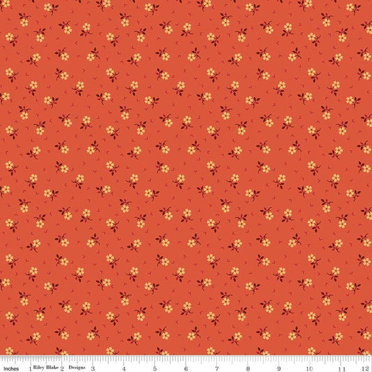 Image of Baked With Love Thankful Autumn quilting cotton fabric by Lori Holt for Riley Blake Designs. Features flowers on an orange background. Cute Little Fabric Shop.
