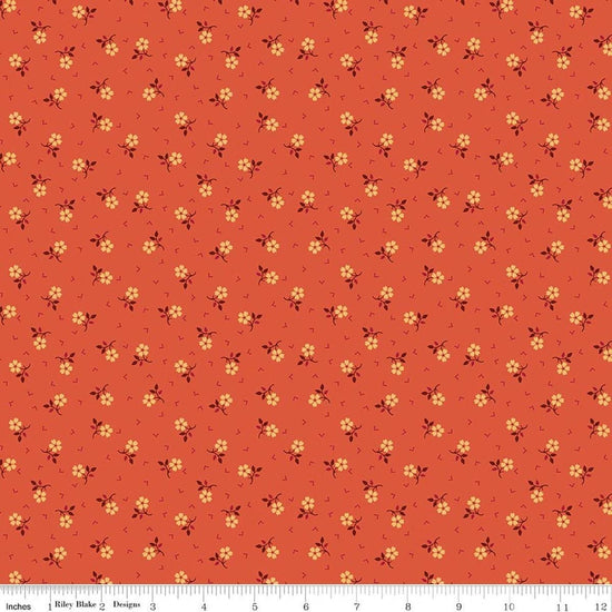 Image of Baked With Love Thankful Autumn quilting cotton fabric by Lori Holt for Riley Blake Designs. Features flowers on an orange background. Cute Little Fabric Shop.