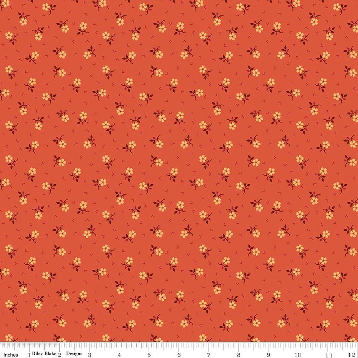 Image of Baked With Love Thankful Autumn quilting cotton fabric by Lori Holt for Riley Blake Designs. Features flowers on an orange background. Cute Little Fabric Shop.