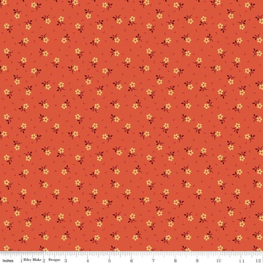 Image of Baked With Love Thankful Autumn quilting cotton fabric by Lori Holt for Riley Blake Designs. Features flowers on an orange background. Cute Little Fabric Shop.