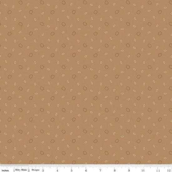Image of Baked With Love Grandma's Pear Maple quilting cotton fabric by Lori Holt for Riley Blake Designs. Features circles on a brown background. Cute Little Fabric Shop.