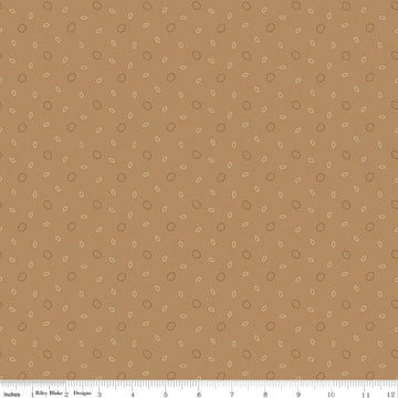 Image of Baked With Love Grandma's Pear Maple quilting cotton fabric by Lori Holt for Riley Blake Designs. Features circles on a brown background. Cute Little Fabric Shop.