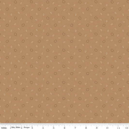 Image of Baked With Love Grandma's Pear Maple quilting cotton fabric by Lori Holt for Riley Blake Designs. Features circles on a brown background. Cute Little Fabric Shop.