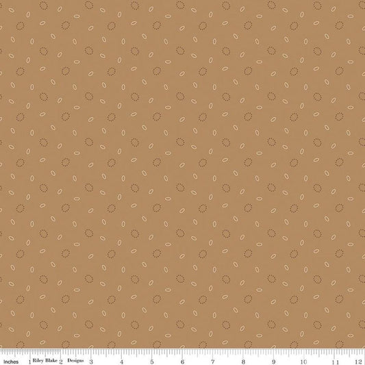 Image of Baked With Love Grandma's Pear Maple quilting cotton fabric by Lori Holt for Riley Blake Designs. Features circles on a brown background. Cute Little Fabric Shop.