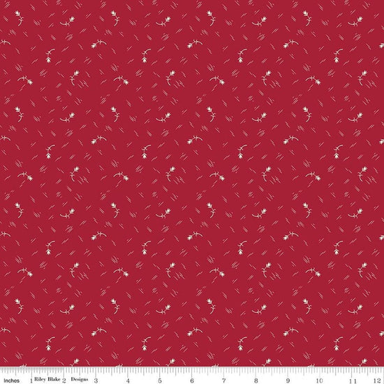 Image of Baked With Love Tradition Cherry Tart quilting cotton fabric by Lori Holt for Riley Blake Designs. Features flowers on a red background. Cute Little Fabric Shop.