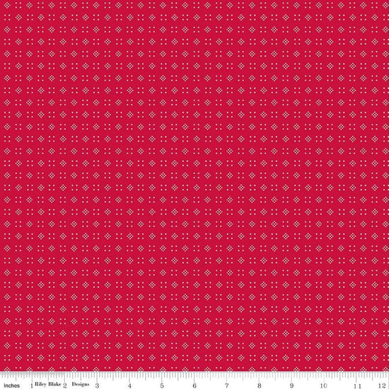 Image of Baked With Love Leftovers Schoolhouse quilting cotton fabric by Lori Holt for Riley Blake Designs. Features dots on a red background. Cute Little Fabric Shop.