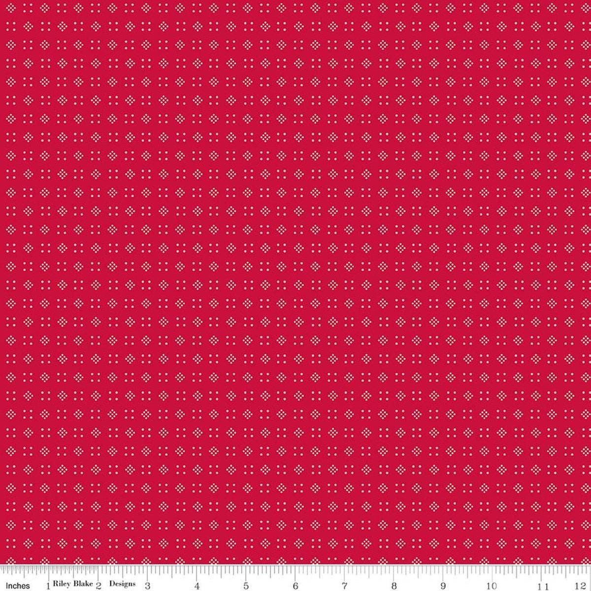 Image of Baked With Love Leftovers Schoolhouse quilting cotton fabric by Lori Holt for Riley Blake Designs. Features dots on a red background. Cute Little Fabric Shop.