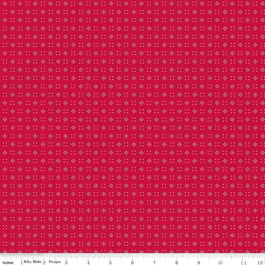 Image of Baked With Love Leftovers Schoolhouse quilting cotton fabric by Lori Holt for Riley Blake Designs. Features dots on a red background. Cute Little Fabric Shop.