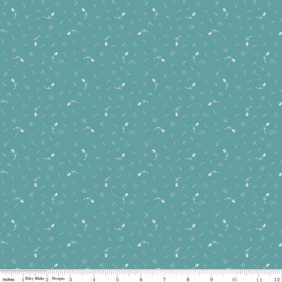 Image of Baked With Love Tradition Raindrop quilting cotton fabric by Lori Holt for Riley Blake Designs. Features flowers on a blue background. Cute Little Fabric Shop.