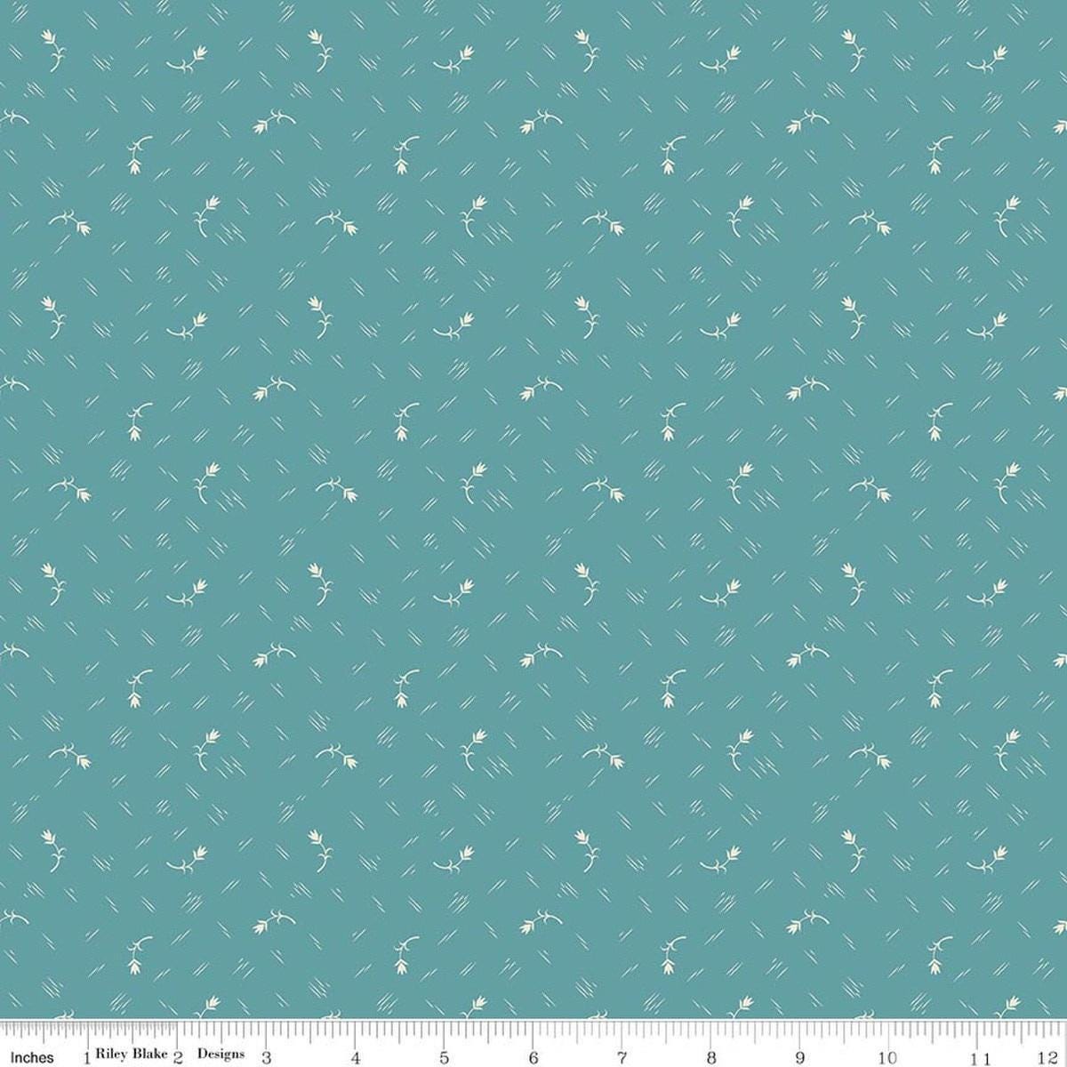 Image of Baked With Love Tradition Raindrop quilting cotton fabric by Lori Holt for Riley Blake Designs. Features flowers on a blue background. Cute Little Fabric Shop.