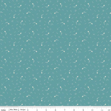 Image of Baked With Love Tradition Raindrop quilting cotton fabric by Lori Holt for Riley Blake Designs. Features flowers on a blue background. Cute Little Fabric Shop.