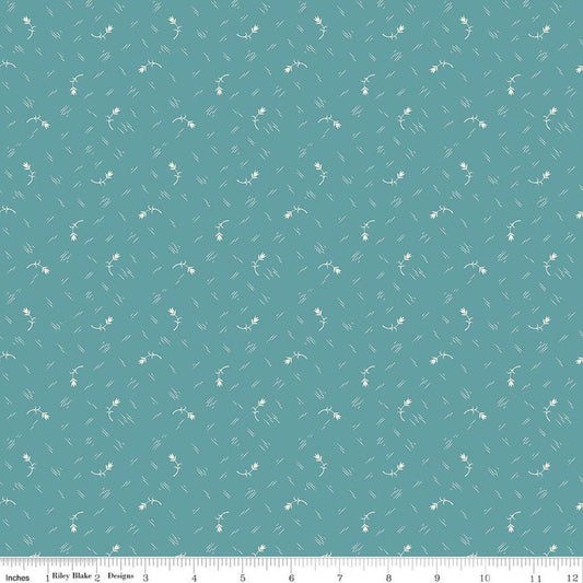 Image of Baked With Love Tradition Raindrop quilting cotton fabric by Lori Holt for Riley Blake Designs. Features flowers on a blue background. Cute Little Fabric Shop.