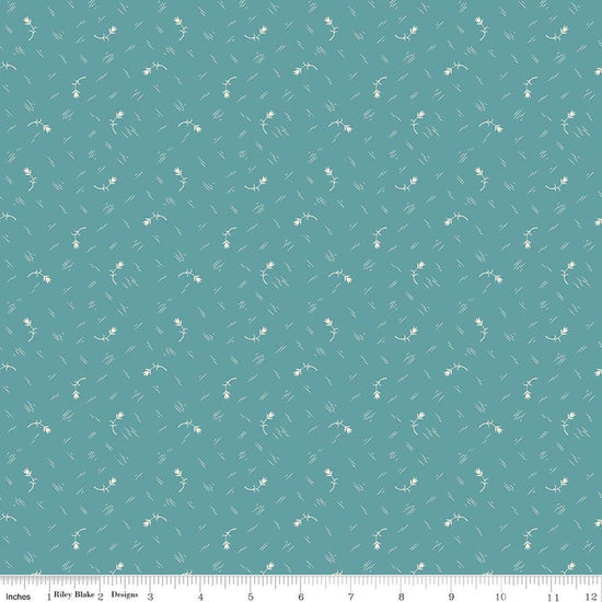 Image of Baked With Love Tradition Raindrop quilting cotton fabric by Lori Holt for Riley Blake Designs. Features flowers on a blue background. Cute Little Fabric Shop.