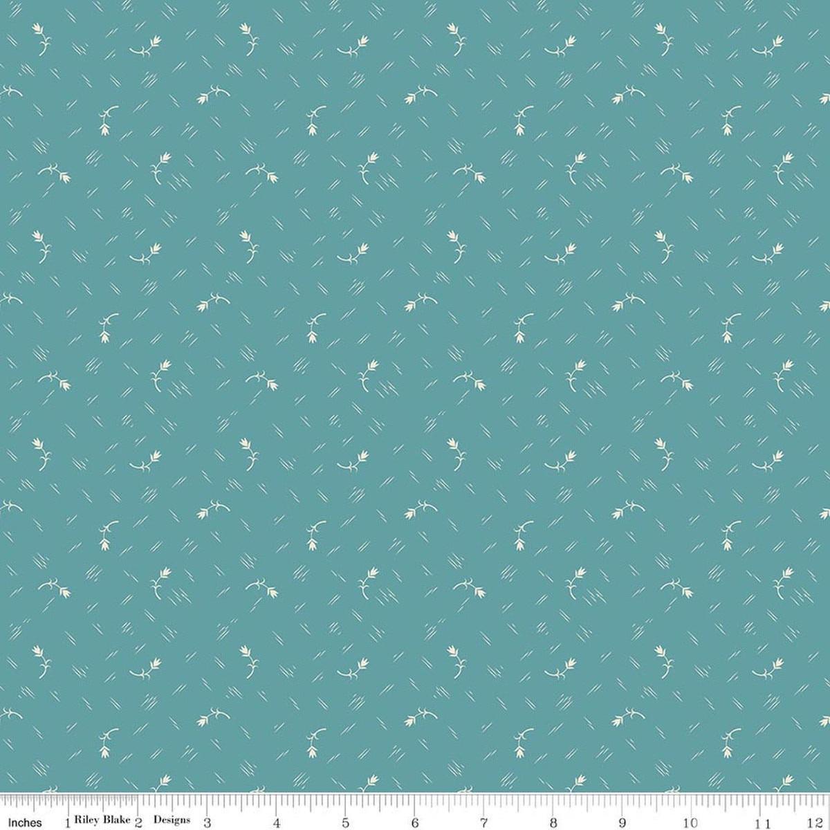 Image of Baked With Love Tradition Raindrop quilting cotton fabric by Lori Holt for Riley Blake Designs. Features flowers on a blue background. Cute Little Fabric Shop.