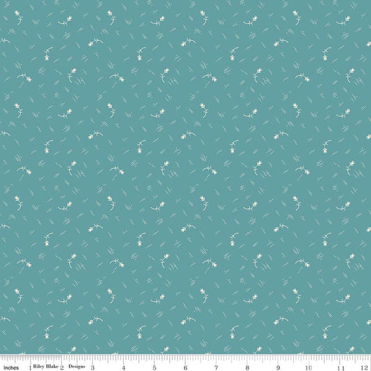 Image of Baked With Love Tradition Raindrop quilting cotton fabric by Lori Holt for Riley Blake Designs. Features flowers on a blue background. Cute Little Fabric Shop.