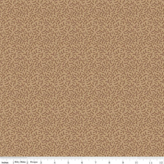 Image of Baked With Love Herbs Tea Dye quilting cotton fabric by Lori Holt for Riley Blake Designs. Features leaves on a brown background. Cute Little Fabric Shop.