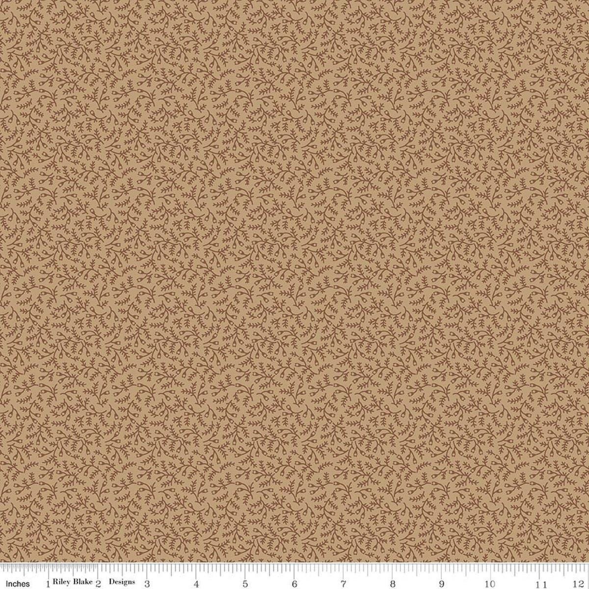 Image of Baked With Love Herbs Tea Dye quilting cotton fabric by Lori Holt for Riley Blake Designs. Features leaves on a brown background. Cute Little Fabric Shop.