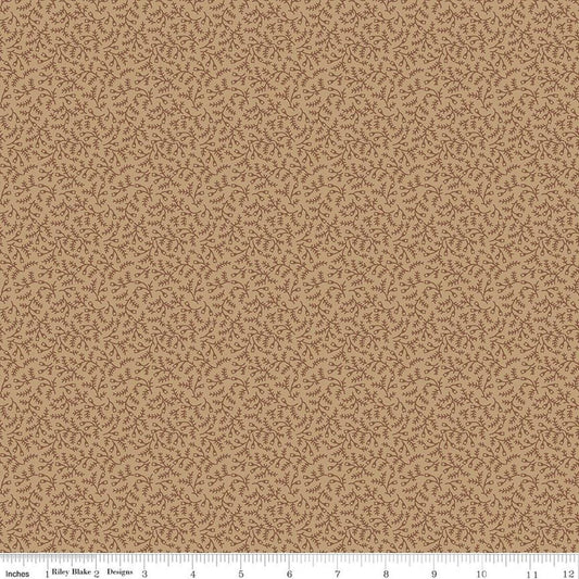 Image of Baked With Love Herbs Tea Dye quilting cotton fabric by Lori Holt for Riley Blake Designs. Features leaves on a brown background. Cute Little Fabric Shop.