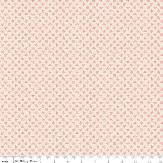 Image of Baked With Love Gathering Pretty In Pink quilting cotton fabric by Lori Holt for Riley Blake Designs. Features leaves on a pink background. Cute Little Fabric Shop.