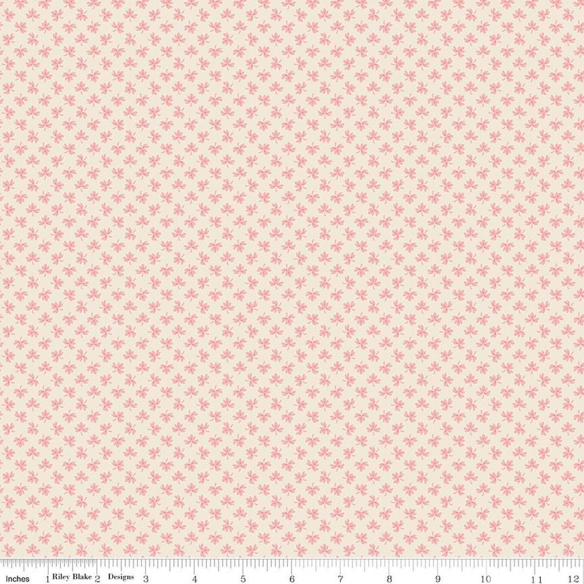 Image of Baked With Love Gathering Pretty In Pink quilting cotton fabric by Lori Holt for Riley Blake Designs. Features leaves on a pink background. Cute Little Fabric Shop.