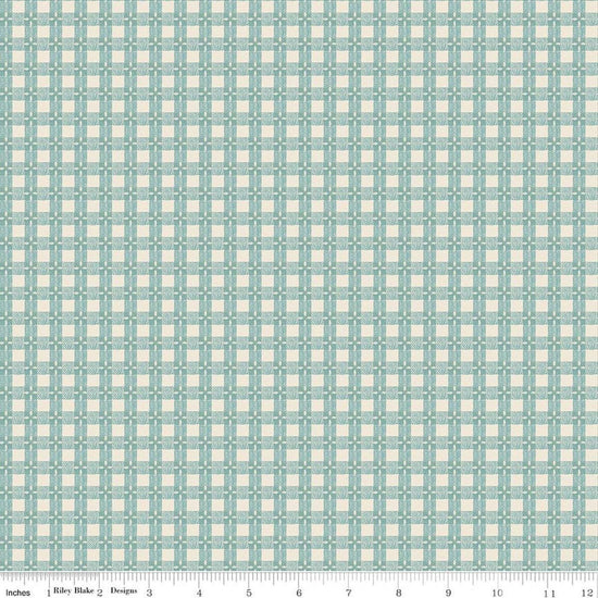 Image of Baked With Love Tablecloth Wedgewood quilting cotton fabric by Lori Holt for Riley Blake Designs. Features gingham on a blue background. Cute Little Fabric Shop.