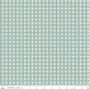 Image of Baked With Love Tablecloth Wedgewood quilting cotton fabric by Lori Holt for Riley Blake Designs. Features gingham on a blue background. Cute Little Fabric Shop.