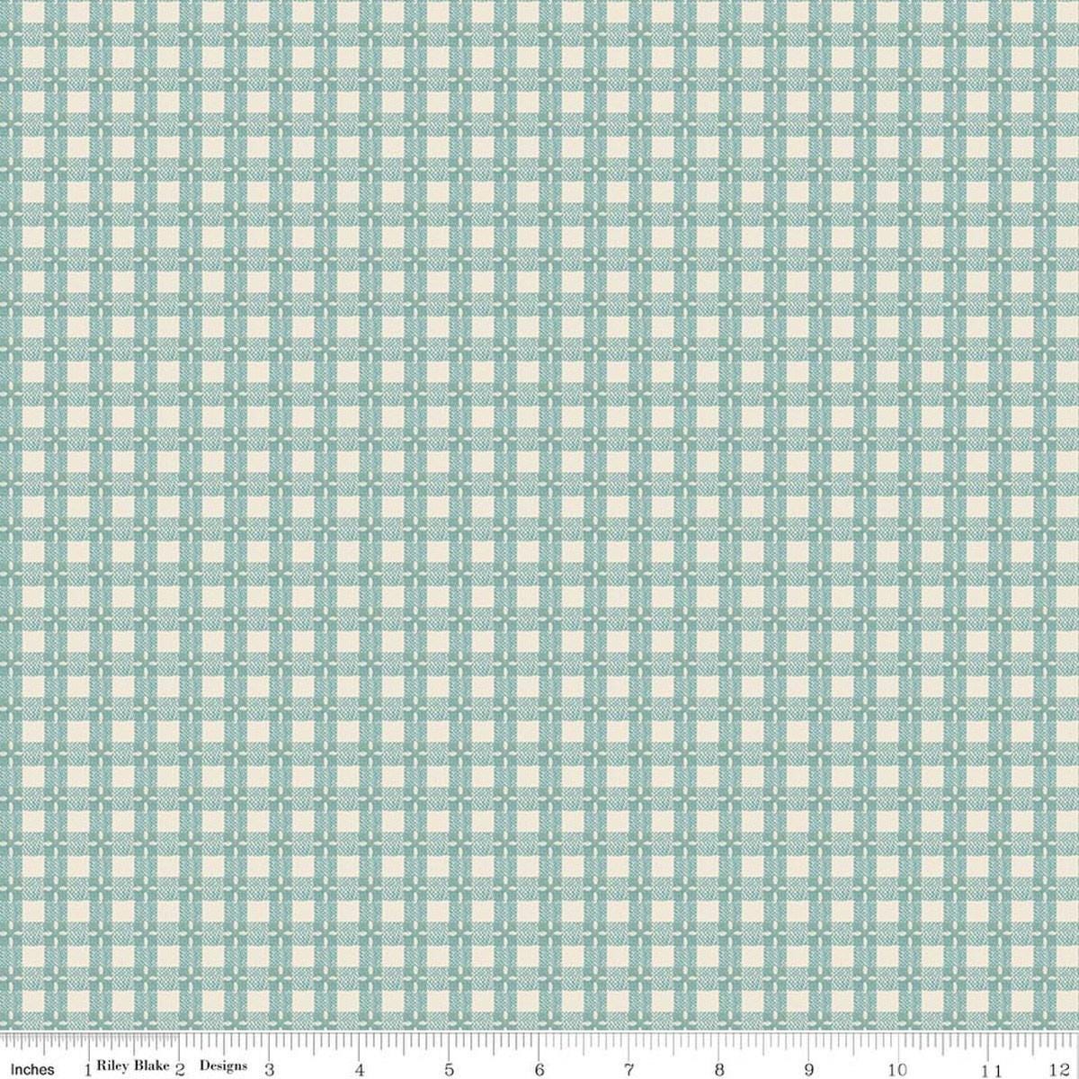 Image of Baked With Love Tablecloth Wedgewood quilting cotton fabric by Lori Holt for Riley Blake Designs. Features gingham on a blue background. Cute Little Fabric Shop.
