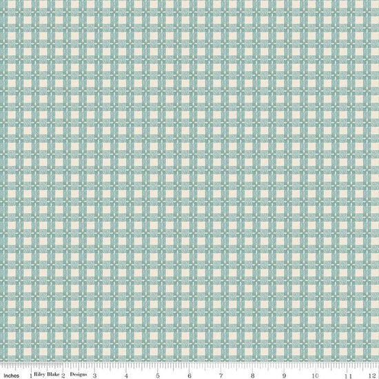 Image of Baked With Love Tablecloth Wedgewood quilting cotton fabric by Lori Holt for Riley Blake Designs. Features gingham on a blue background. Cute Little Fabric Shop.
