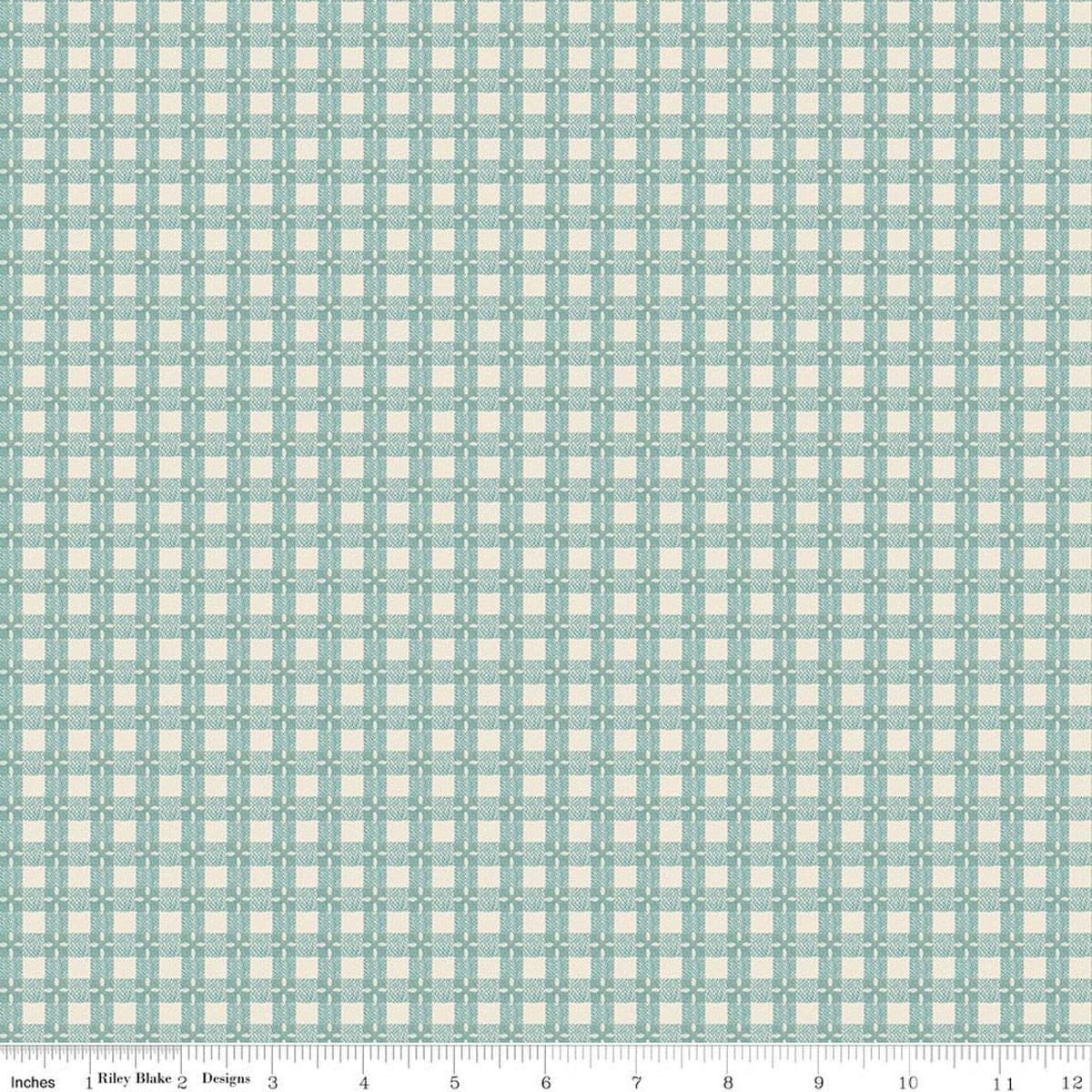 Image of Baked With Love Tablecloth Wedgewood quilting cotton fabric by Lori Holt for Riley Blake Designs. Features gingham on a blue background. Cute Little Fabric Shop.