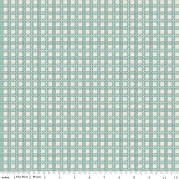 Image of Baked With Love Tablecloth Wedgewood quilting cotton fabric by Lori Holt for Riley Blake Designs. Features gingham on a blue background. Cute Little Fabric Shop.