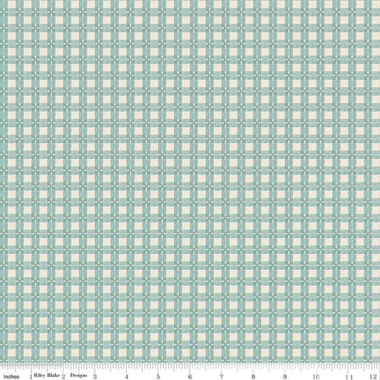 Image of Baked With Love Tablecloth Wedgewood quilting cotton fabric by Lori Holt for Riley Blake Designs. Features gingham on a blue background. Cute Little Fabric Shop.