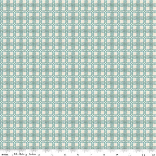 Image of Baked With Love Tablecloth Wedgewood quilting cotton fabric by Lori Holt for Riley Blake Designs. Features gingham on a blue background. Cute Little Fabric Shop.