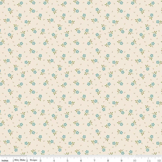 Image of Baked With Love Thankful Wedgewood quilting cotton fabric by Lori Holt for Riley Blake Designs. Features flowers on a cream background. Cute Little Fabric Shop.