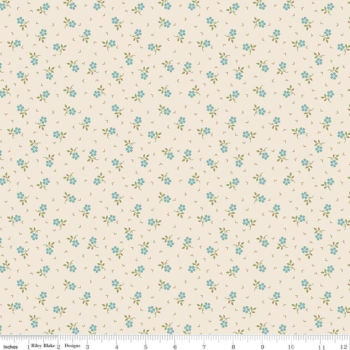 Image of Baked With Love Thankful Wedgewood quilting cotton fabric by Lori Holt for Riley Blake Designs. Features flowers on a cream background. Cute Little Fabric Shop.
