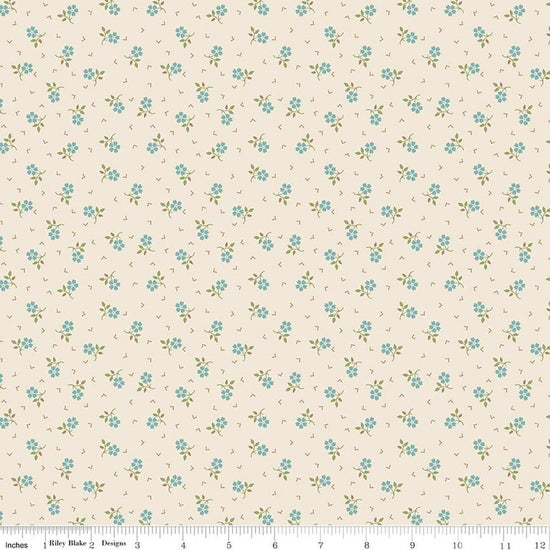 Image of Baked With Love Thankful Wedgewood quilting cotton fabric by Lori Holt for Riley Blake Designs. Features flowers on a cream background. Cute Little Fabric Shop.