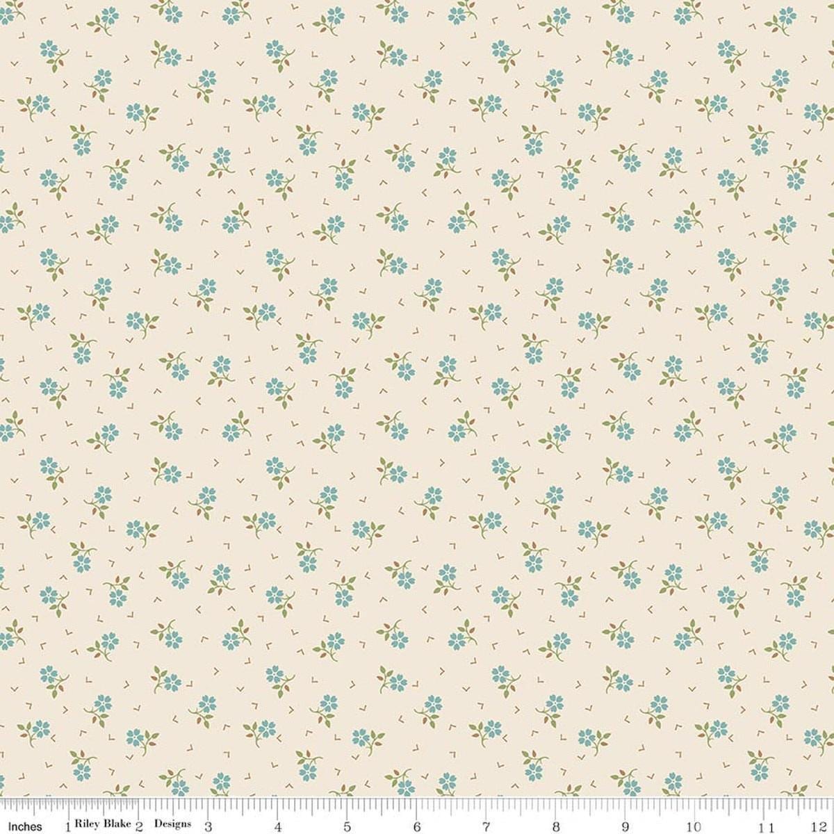 Image of Baked With Love Thankful Wedgewood quilting cotton fabric by Lori Holt for Riley Blake Designs. Features flowers on a cream background. Cute Little Fabric Shop.