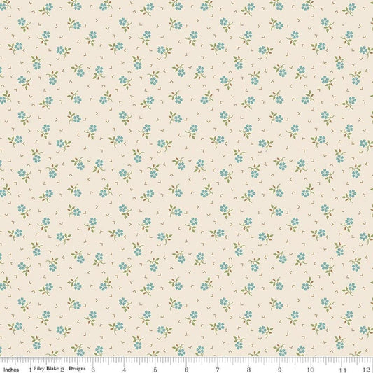 Image of Baked With Love Thankful Wedgewood quilting cotton fabric by Lori Holt for Riley Blake Designs. Features flowers on a cream background. Cute Little Fabric Shop.