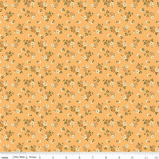 Image of Baked With Love Blessings Marigold quilting cotton fabric by Lori Holt for Riley Blake Designs. Features flowers on a yellow background. Cute Little Fabric Shop.