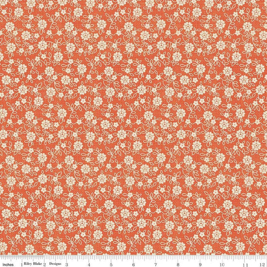 Image of Baked With Love Family Autumn quilting cotton fabric by Lori Holt for Riley Blake Designs. Features flowers on an orange background. Cute Little Fabric Shop.