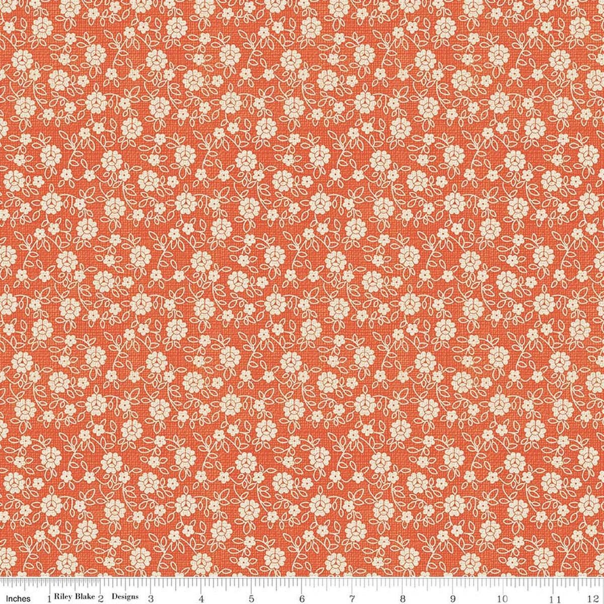 Image of Baked With Love Family Autumn quilting cotton fabric by Lori Holt for Riley Blake Designs. Features flowers on an orange background. Cute Little Fabric Shop.
