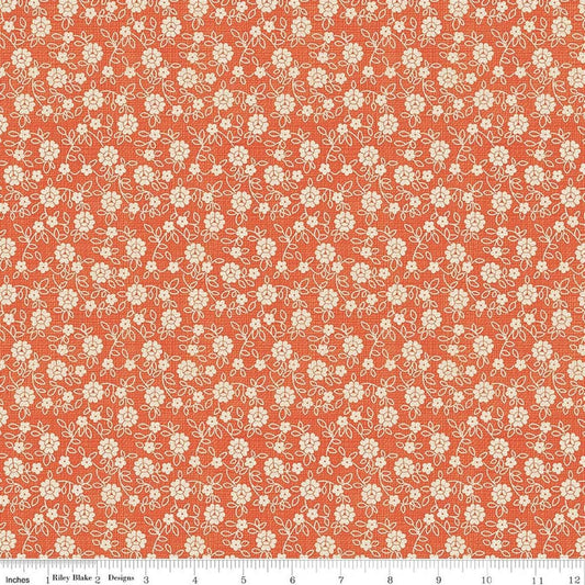 Image of Baked With Love Family Autumn quilting cotton fabric by Lori Holt for Riley Blake Designs. Features flowers on an orange background. Cute Little Fabric Shop.